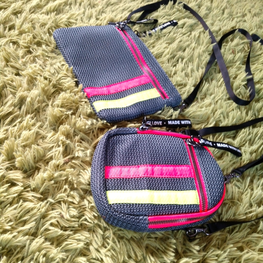 X2 Made With Love purses, grey with neon pink & yellow stripe, super cute NEW w/